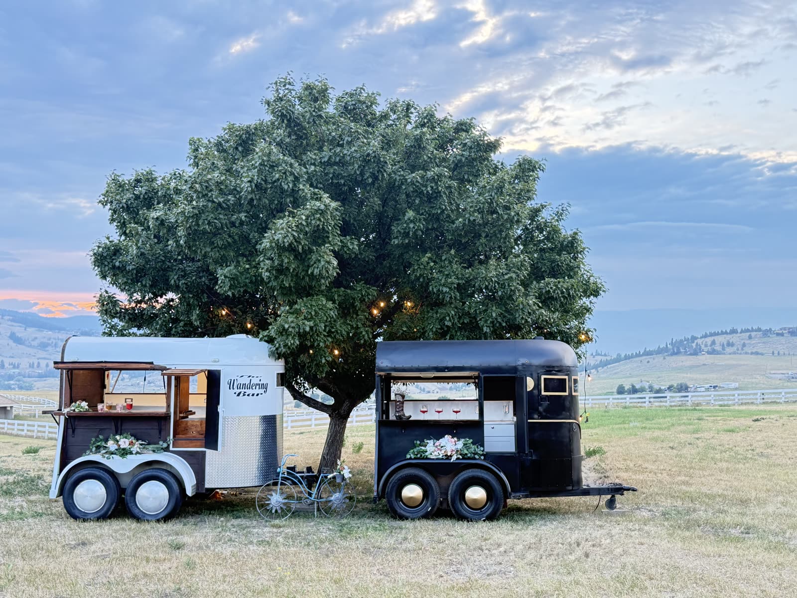 Both Wandering Bar trailers under a tree at dusk